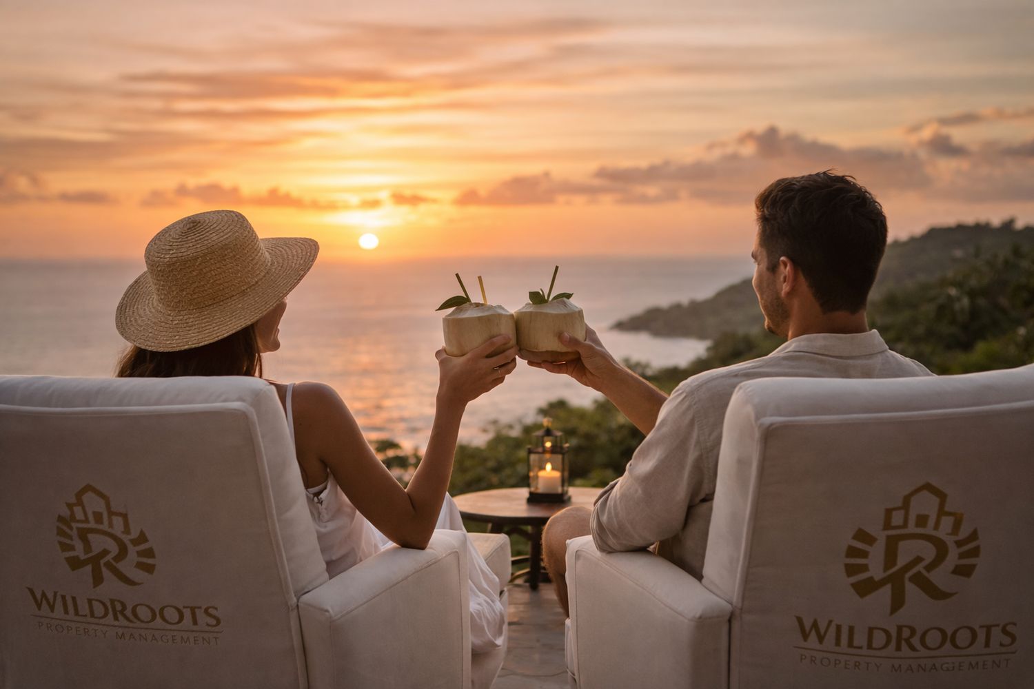 Sunset terrace at a property managed by Wild Roots CR